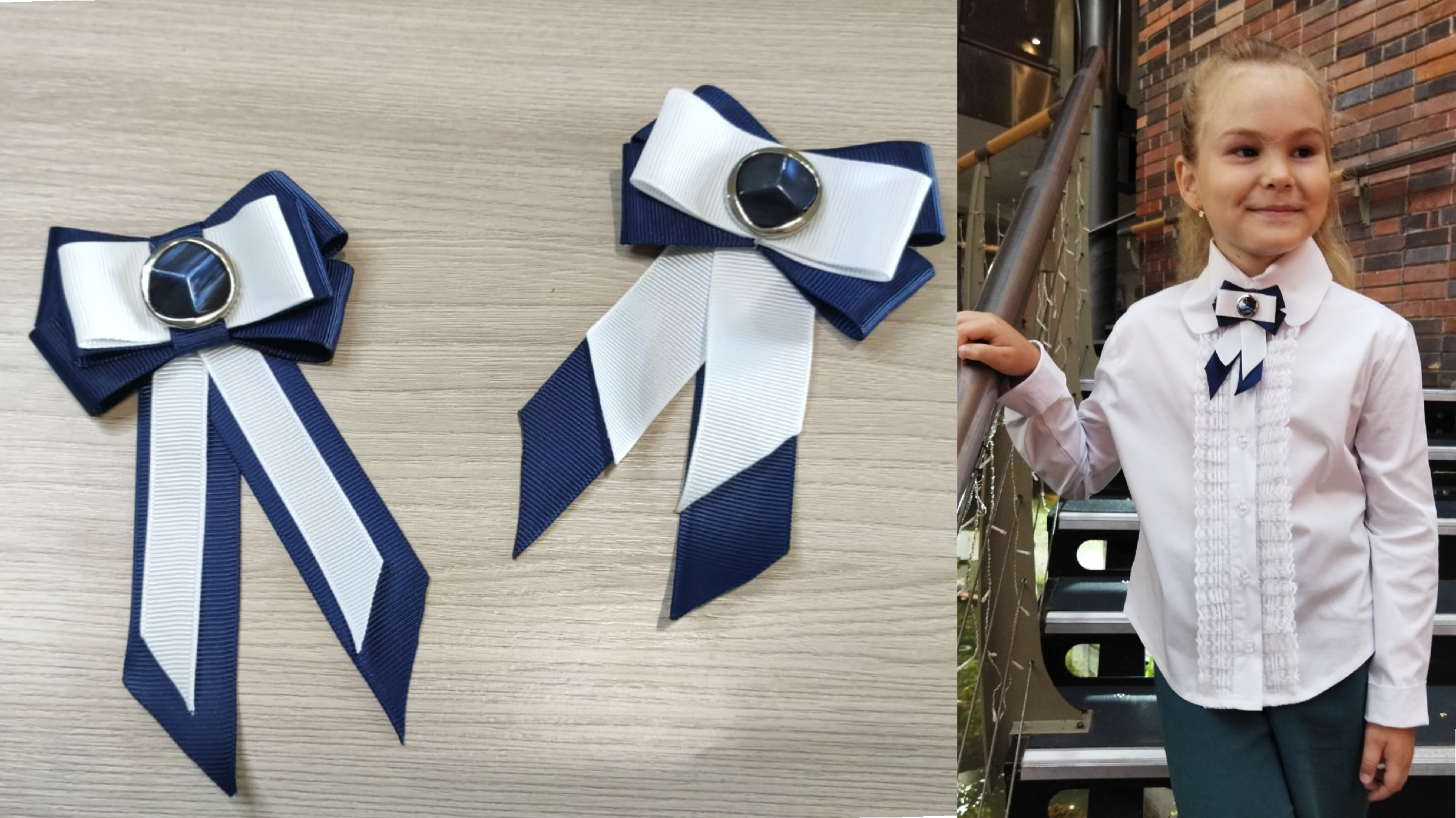 Школьный комплект – заколки-бантики и галстук канзаши для девочки