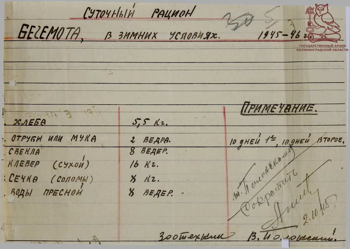 Рацион Ганса (источник - ГАКО)