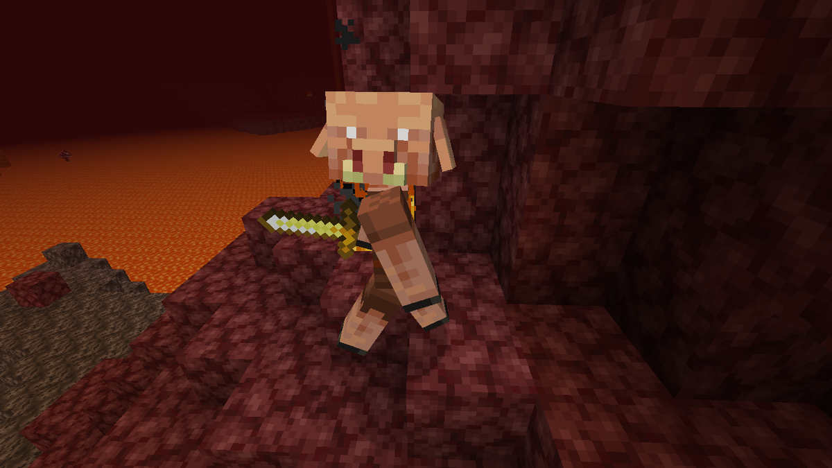 Пиглин. Атакуют игрока, если он не в золотой броне. Также, могут заагриться если игрок открывает сундуки поблизости или ломает золотые блоки. Также, с ними можно торговать, кинув им золотой слиток. Могут заспавниться с золотой бронёй (в том числе и зачарованной), с золотым мечом или с арбалетом. Боятся зомби пиглинов. Атакуют хоглинов и скелетов-иссушителей, предпочитая нападать группой. Превращаются в зомби пиглинов при переходе в обычный мир/край.