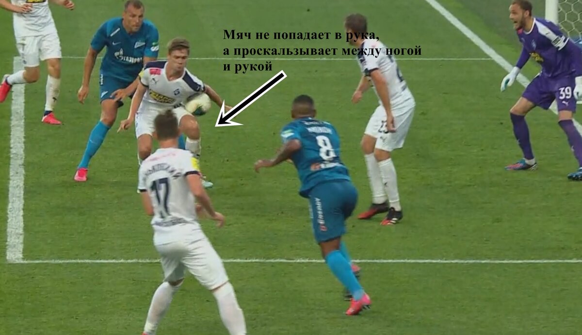 Тут мы видим, что мяч проскальзывает под рукой Тимофеева.