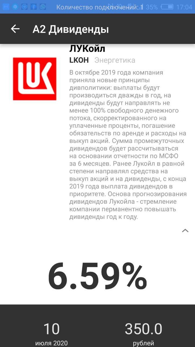 08.07.2020 Компания Лукой последний день торговалась с дивидендом в 350 рублей.