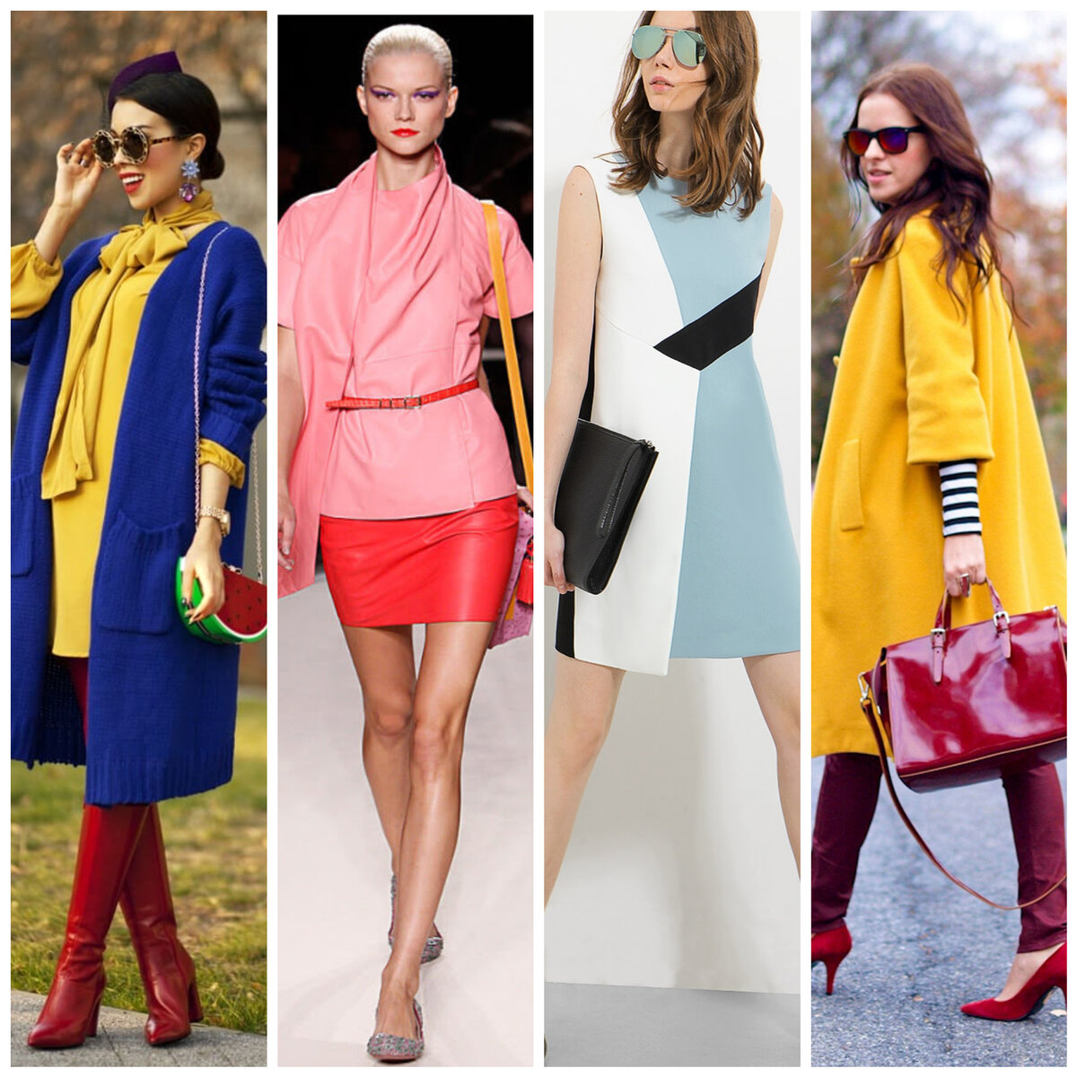 Примеры контраста колор-блок для разных цветотипов, слева направо: Зима, Весна, Лето, Осень