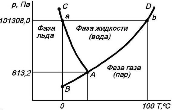 Здесь представлены упрощенно графически фазовые состояния всем известного вещества – воды. На графике имеется особая точка – точка A: (Tᵏ, Pᵏ) – которая соответствует так называемой "тройной точке воды". При этих параметрах вода в колбе может находиться одновременно в трех состояниях – твердом, жидком и газообразном. При отклонении параметров от этой точки вода может находиться лишь в одном состоянии. В "угле" (или треугольнике) CAD вода находится в жидком состоянии, в части CAB – в состоянии льда, в части DAB (правая нижняя часть) - в газообразном состоянии. Линия "ab" соответствует нормальным условия существования воды на Земле, при которой вода при температурах ниже 0 С° существует в фазе льда, от 0 С° до 100 С° - в жидкой фазе, а выше – в газообразном состоянии (пар).