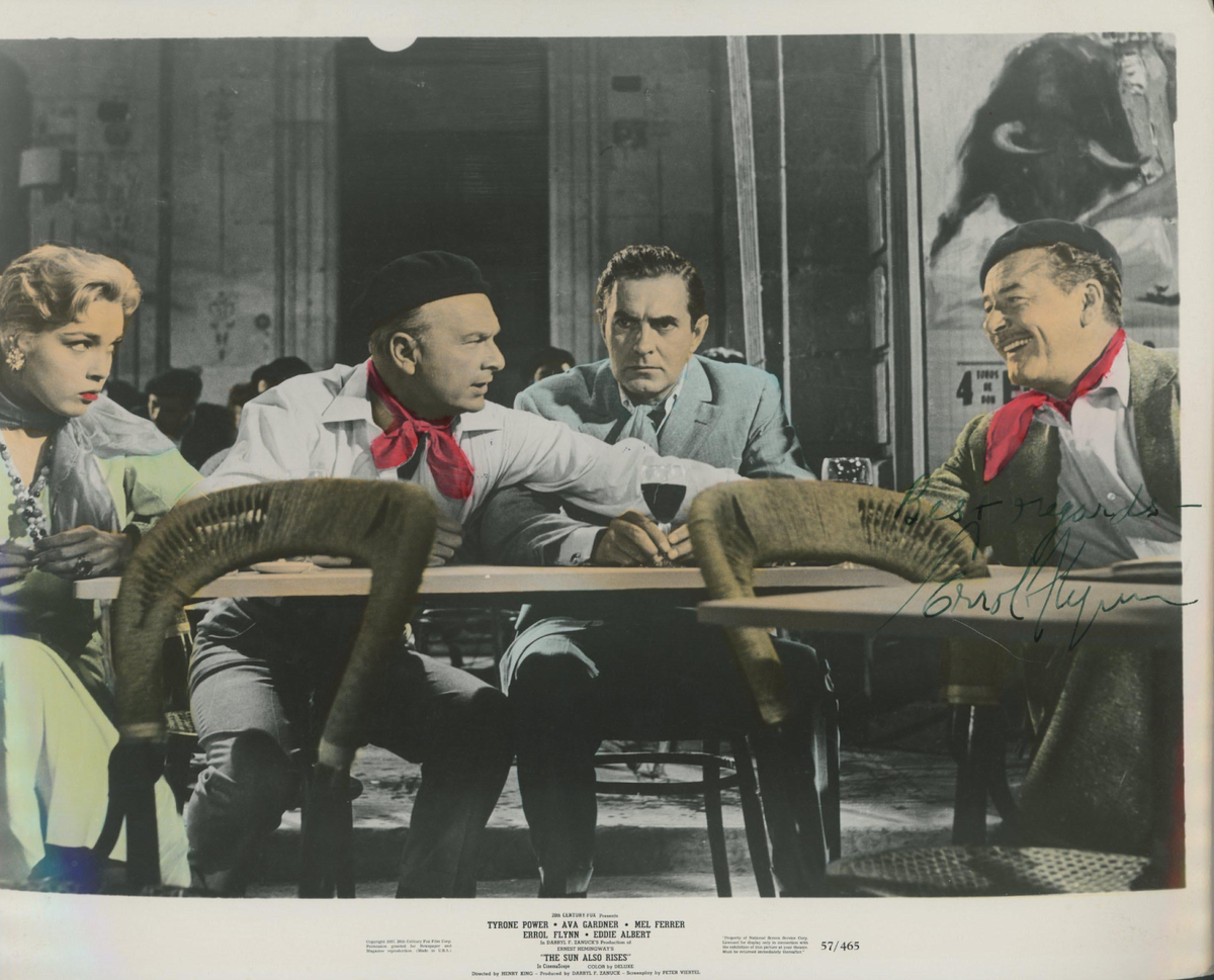 Открытка к фильму «И восходит солнце» 1957 года по одноименному (в англоязычном мире) роману Хэмингуэя, некий апогей межвоенной литературы; роман, эпиграф которого дал имя целому поколению.