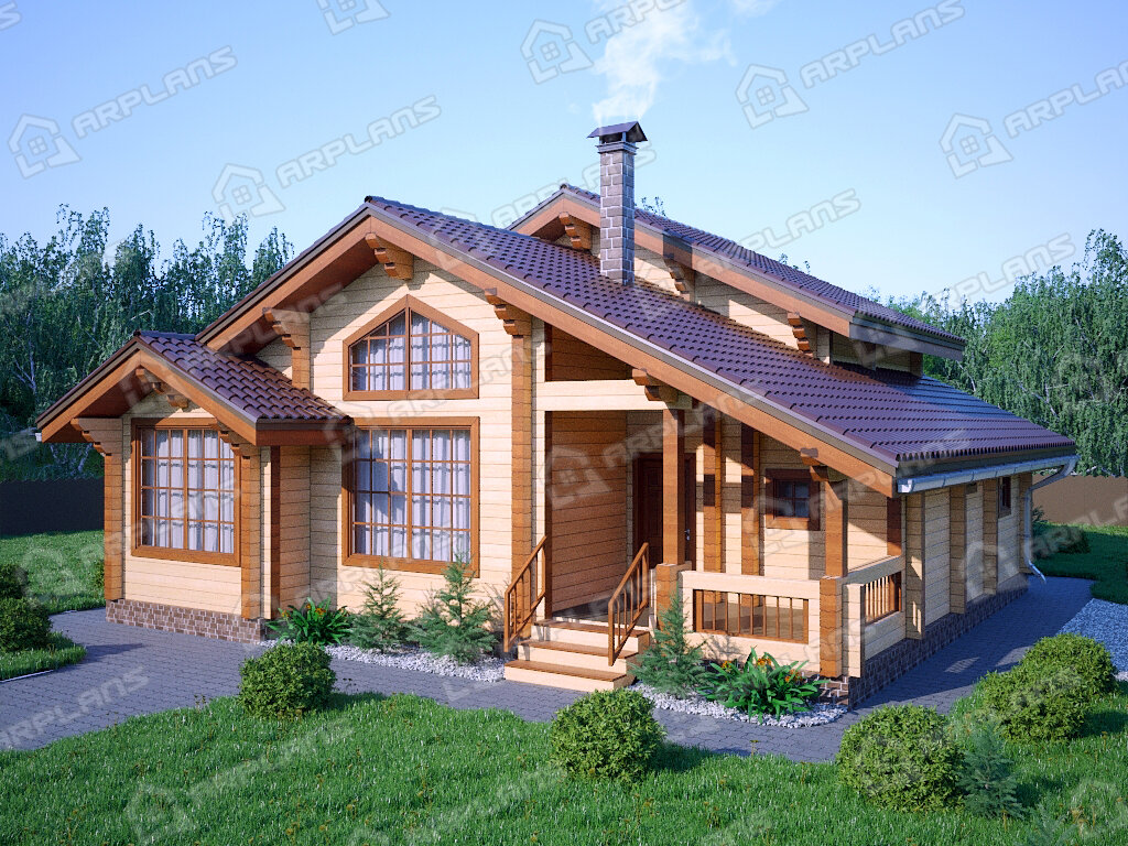 Фото 1 двухэтажного дома из бруса с мансардой, 4 спальнями, газовой котельной и террасой. Общая площадь 146 кв м. Источник arplans.ru Проект ДС-082