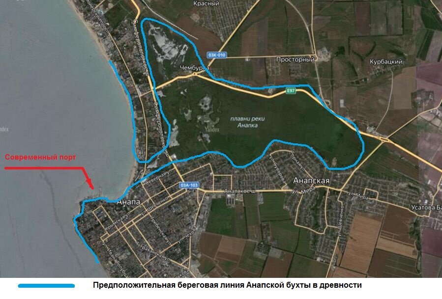 Фрагмент спутниковой карты Яндекса с нанесенной предположительной береговой линией древней бухты