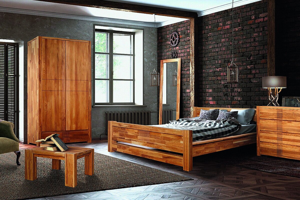 выполненная из массива дуба, с  оригинальной резьбой на фасадах изделий, мебель из коллекции «Бьорн» прекрасно вписывается в стиль лофт (WELLIGE)