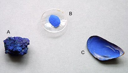 Azurite, showing A) the raw materialAzurite, showing A) the raw material, B) ground to a fine powder, C) mixed in a mussel shell ready for application.