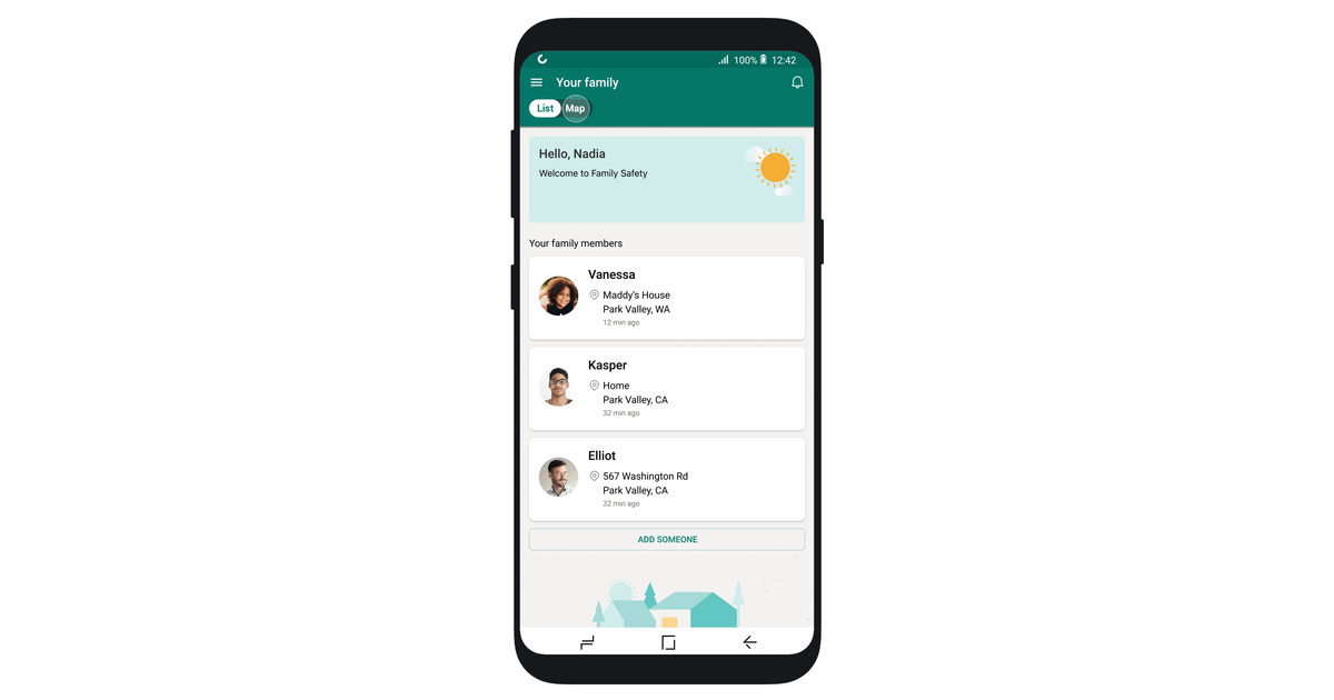 Location sharing in Microsoft’s Family Safety app. 