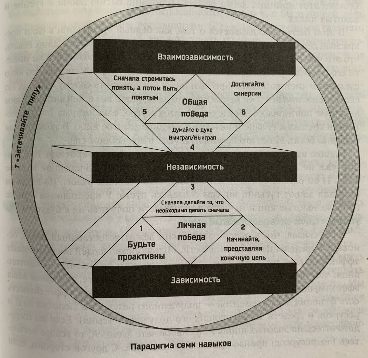 Общая схема расположения 7 навыков в плоскости трёх уровней: ЗАВИСИМОСТИ, НЕЗАВИСИМОСТИ и ВЗАИМОЗАВИСИМОСТИ