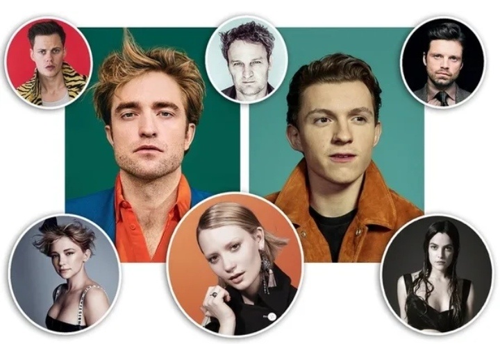 1 ряд: Билл Скарсгард, Джейсон Кларк, Себастиан Стэн. 2 ряд: Хейли Беннетт, Миа Васиковска, Райли Кио. Середина: Роберт Паттинсон и Том Холланд