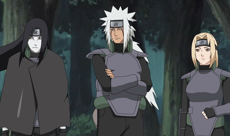 Слева направо: Орочимару, Джирайя и Цунаде.
