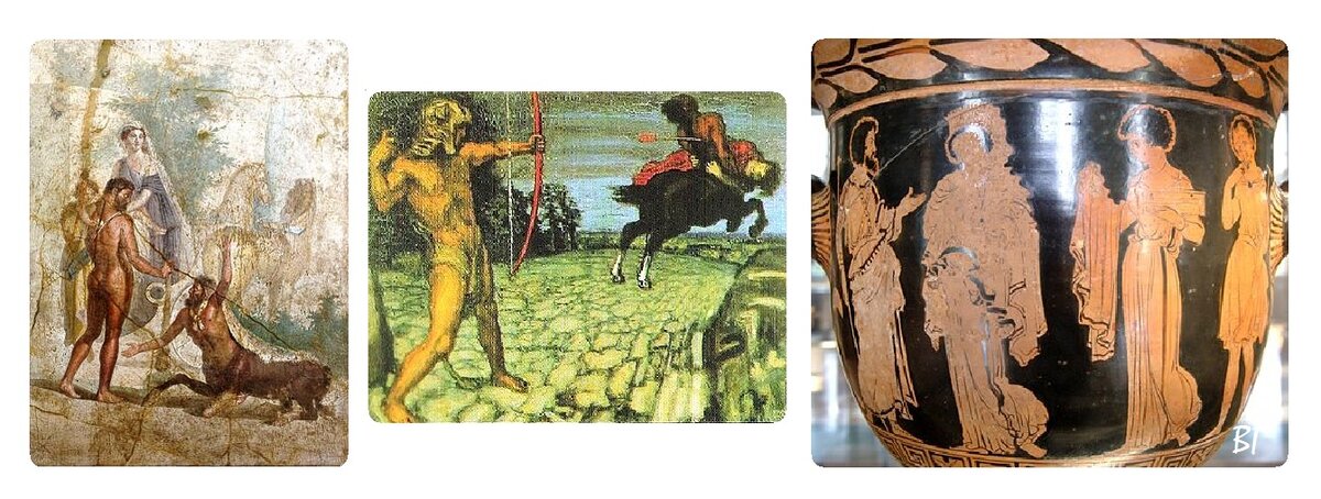Слева и по центру - сцены из мифа про Геракла и кентавра, справа - подарки Медеи вручают дочери царя Коринфа 