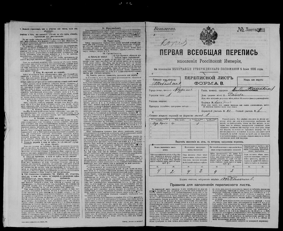 Переписные листы 1897 года форма В Тобольская губерния город Курган. Указаны поквартирные списки