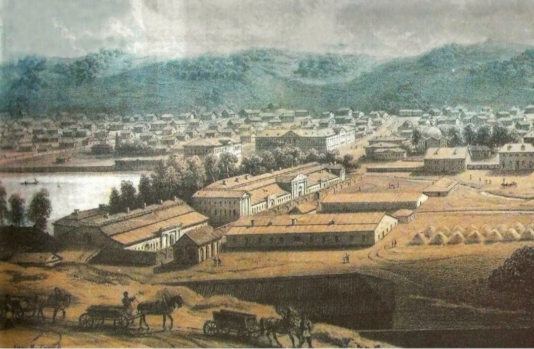 Рисунок Барнаула второй половины 1850-ых годов. Художник Павел Михайлович Кошаров. 