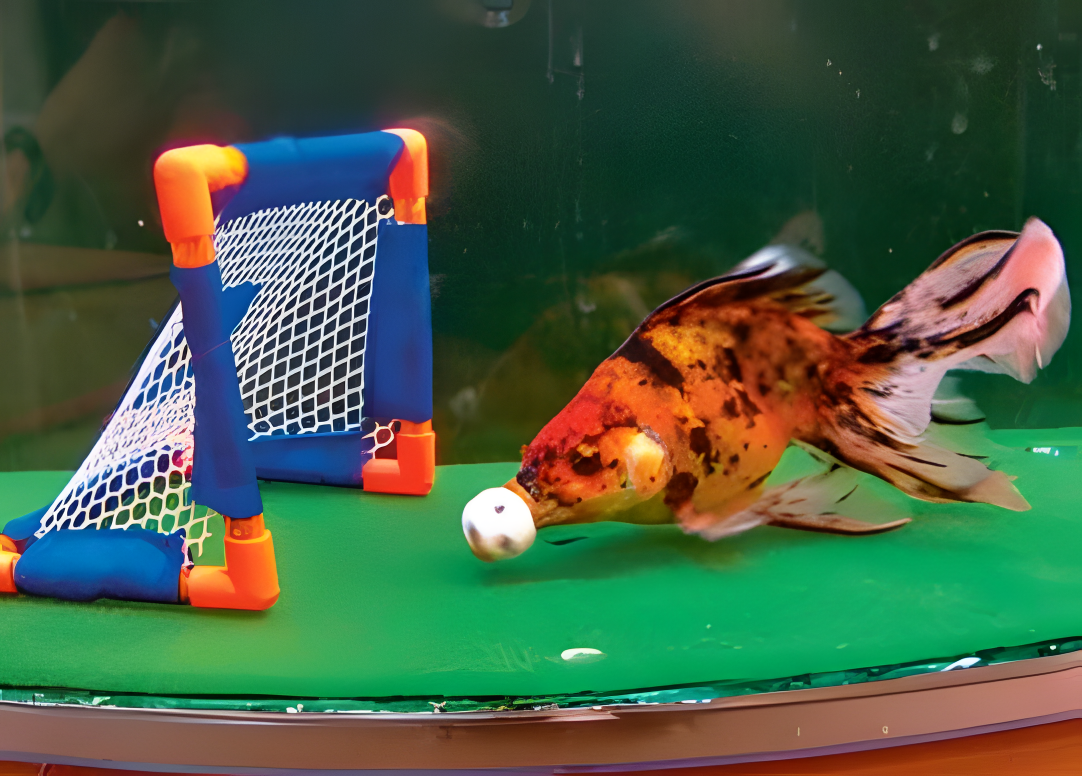 Рыба может научиться сложному поведению путем прохождения обучения через серию небольших простых шагов. На снимке золотая рыбка загоняет футбольный мяч в сетку.