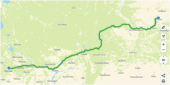 Карта 2ГИС маршрута Когалым – Москва 