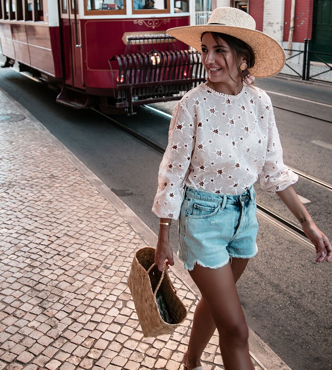 Образ: короткие джинсовые шорты в тандеме с плетеной сумкой, полупрозрачной кофтой и шляпой. 