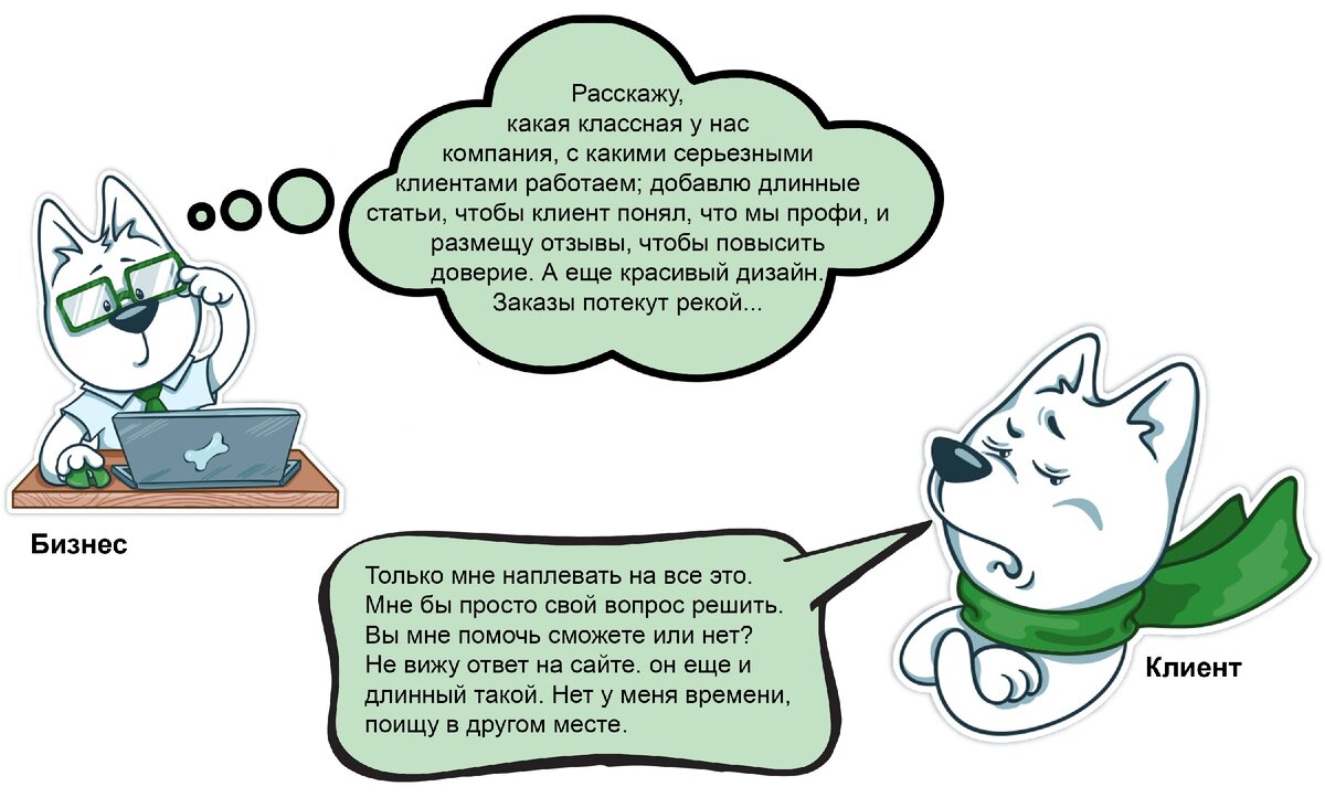 Часто продающий сайт делают так, чтобы он показывал преимущества компании и ее достижения. Но это не то, зачем клиент приходит на сайт, он приходит туда решить свои вопросы. Если не объяснить ему, как с помощью компании он сможет это сделать, сайт будет плохо выполнять свою функцию даже с самым лучшим дизайном, качественными фотографиями и удобной системой оплаты. Самое важное — объяснить клиенту, почему ему с нами лучше, чем без нас. Все остальное — потом.