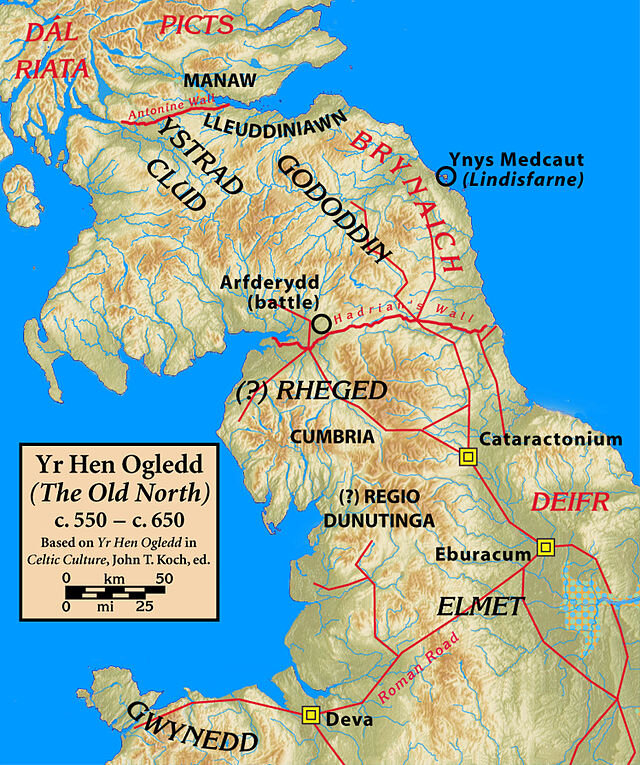 Карта, на которой можно оценить местоположение Стратклайда (Ystrad Clud), пиктов, Дар-Риады, Берниции (Brynaich), Регеда, Элмета и Уэльса (Gwynedd).