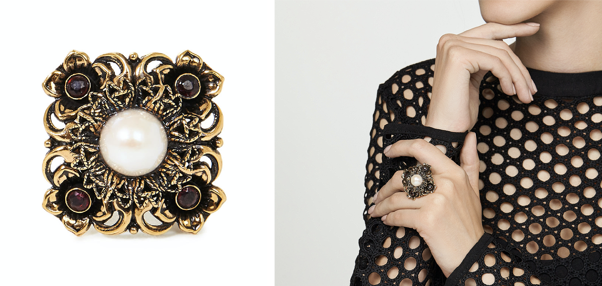 Флорентийский дизайнер Маурицио Мори создал винтажное кольцо с гранатом и жемчугом, покрытие золотом.
