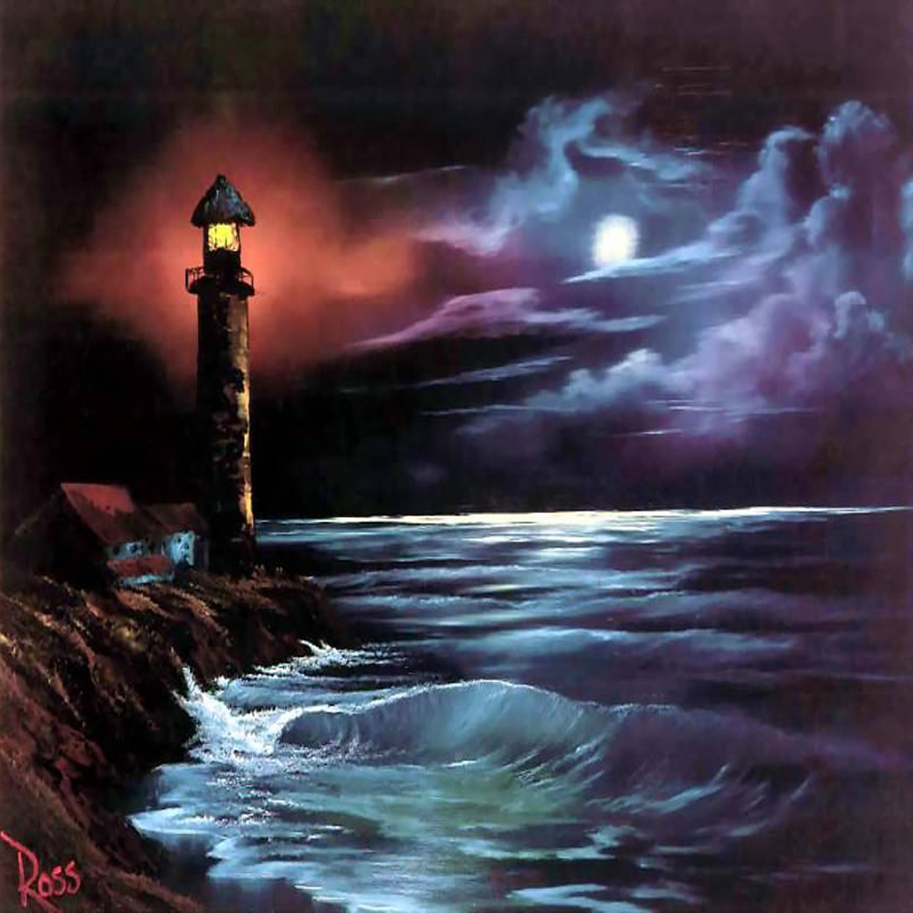 Bob night. Боб Росс картины море. Lighthouse Bob Ross. Арт картины Маяк Lighthouse. Ночной морской пейзаж.