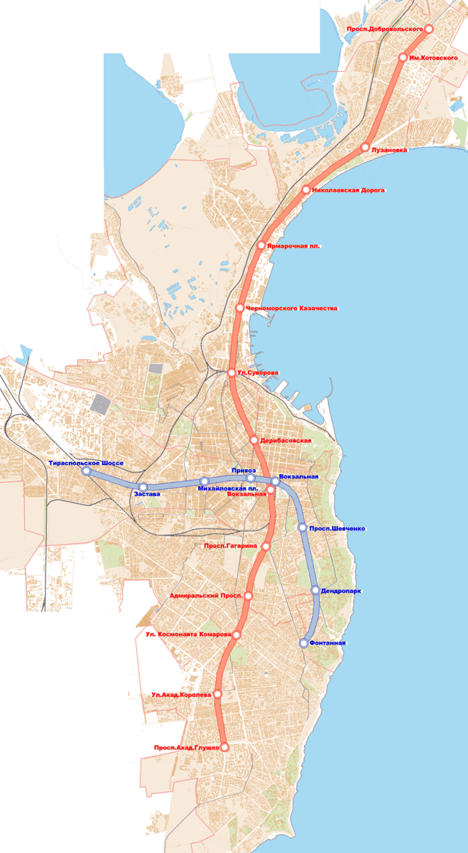 Схема Одесского метрополитена на основе старого генерального плана 2007-2010 годов.