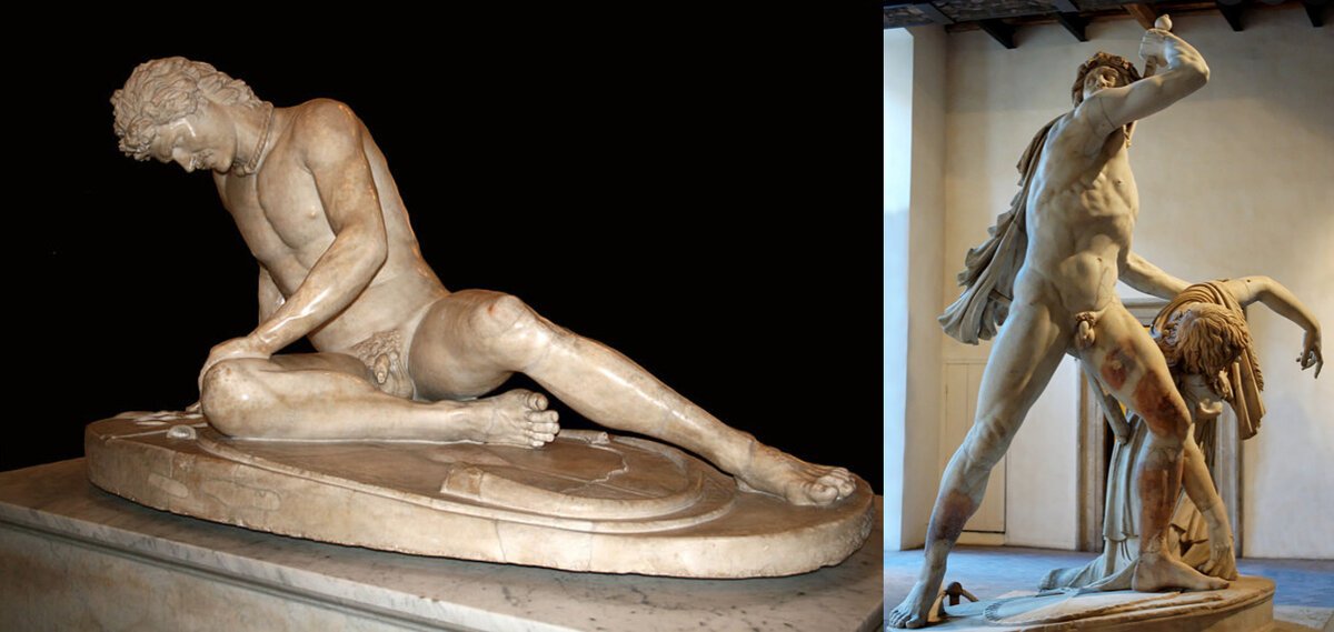 "Умирающий галл" Капитолийский музеи, Рим (слева) и галлы в Галерее Альтемпс в Риме (справа) скорее всего это была одна композиция из нескольких скульптур, по поводу побед Цезаря в Галии