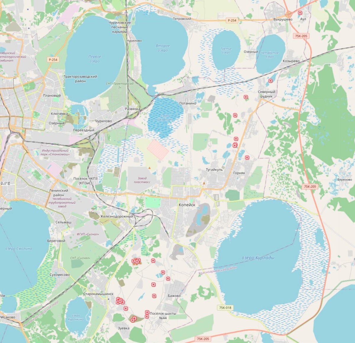 Красными точками отмечены терриконы в Копейске. Скрин с сайта wikimapia.org