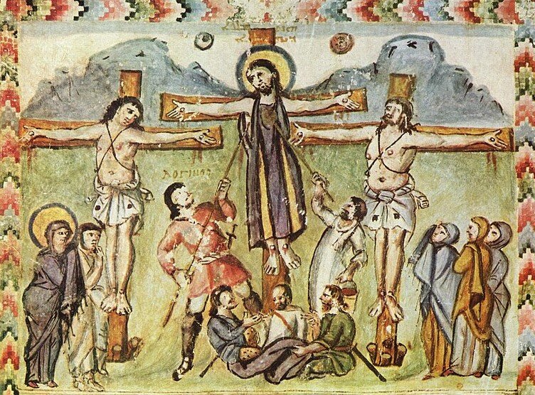 Евангелие Рабулы. 586 г. Распятие. Над головой солдата надписано его имя - "ΛΟΓΙΝΟΣ". Изображение взято в открытых источниках.
