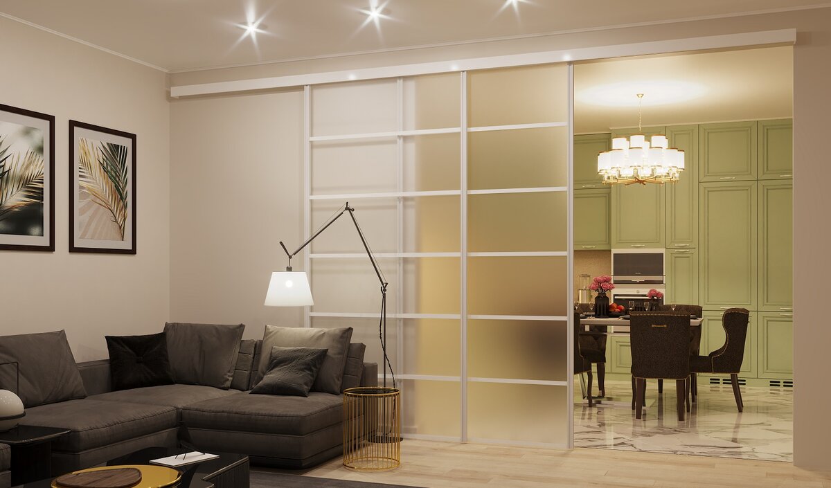 Настенный способ монтажа подвесной системы 2х раздвижных дверей, обе двери свободно перемещаются по направляющей.