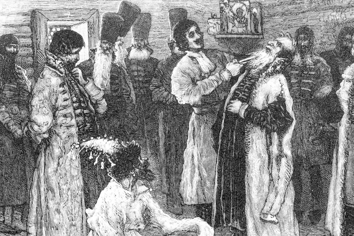 Петр Первый обрезает у бояр бороды в Преображенском дворце. Фрагмент рисунка М.В. Нестерова из книги «Преображенское и окружающие его места, их прошлое и настоящее» 1895 год