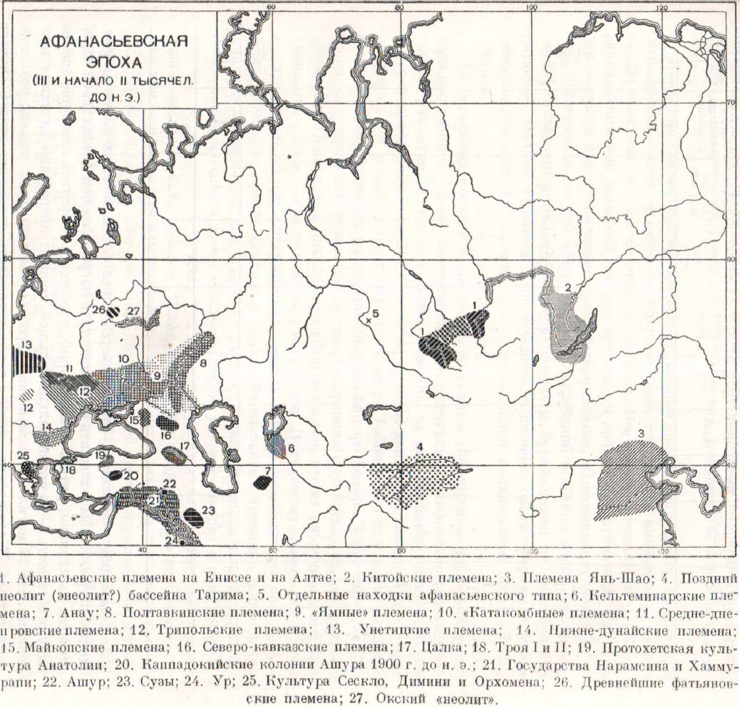 
Карта расселения афанасьевцев в III-н.II тысячелетия. до н.э.
Киселев С.В. «Древняя история Южной Сибири». стр.25