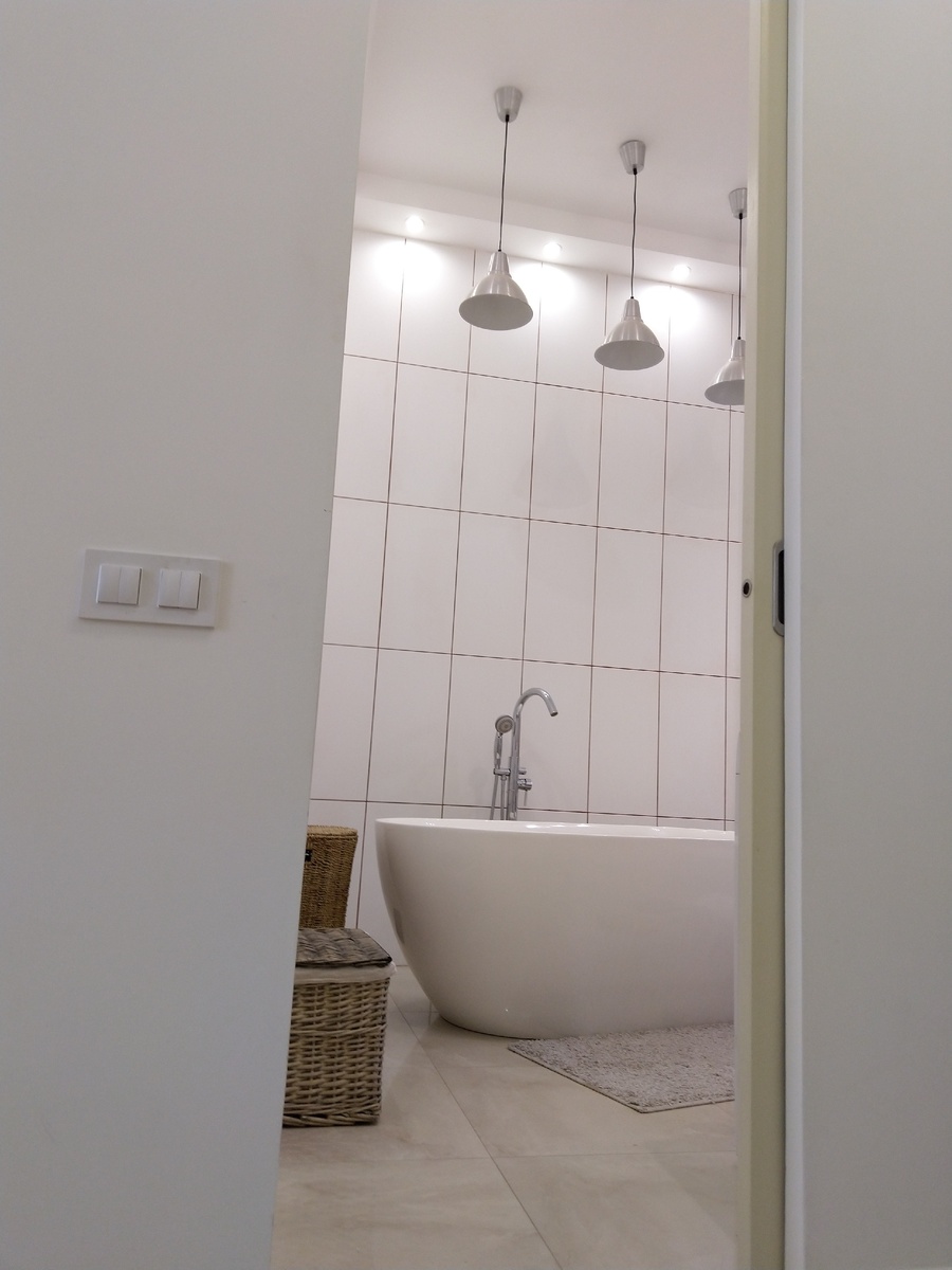 побег из хрущёвки в лофт; ракурс входа в одну из двух просторных санитарных комнат