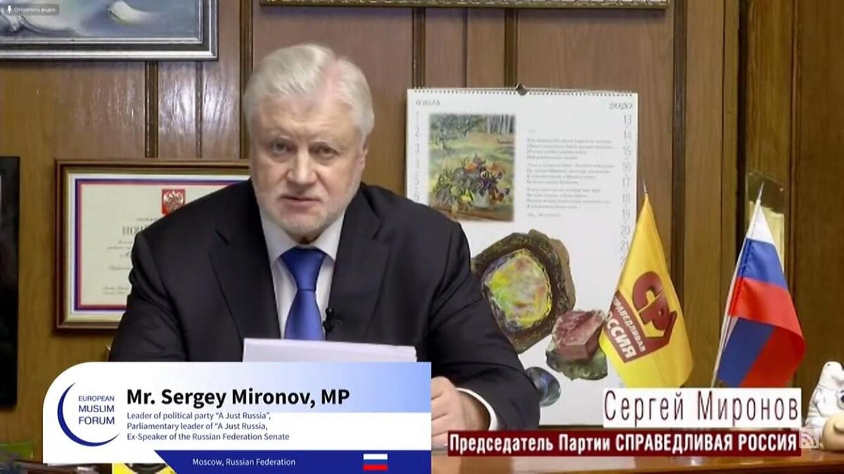 С. Миронов во время выступления по ВКС.