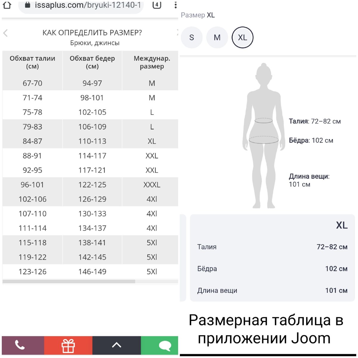 Так выглядит размерная таблица на официальном сайте производителя и в приложении Joom. Разница не маленькая. 