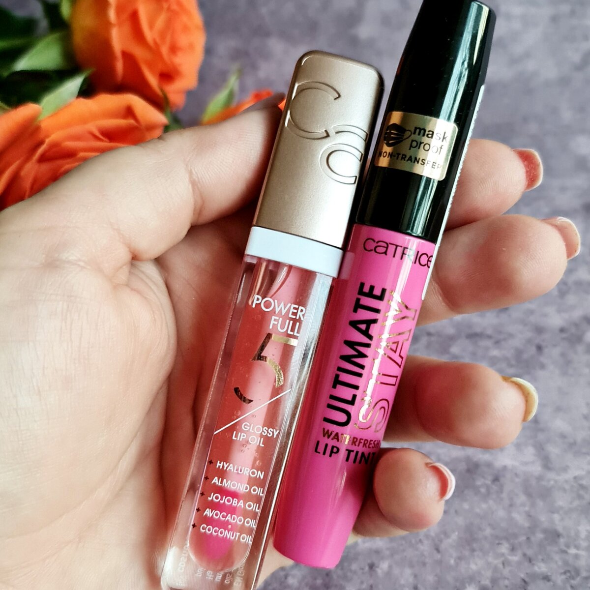 масло Power Full 5 Glossy Lip Oil от Catrice с гиалуроновой кислотой, авокадо, кокоса, жожоба и миндаля