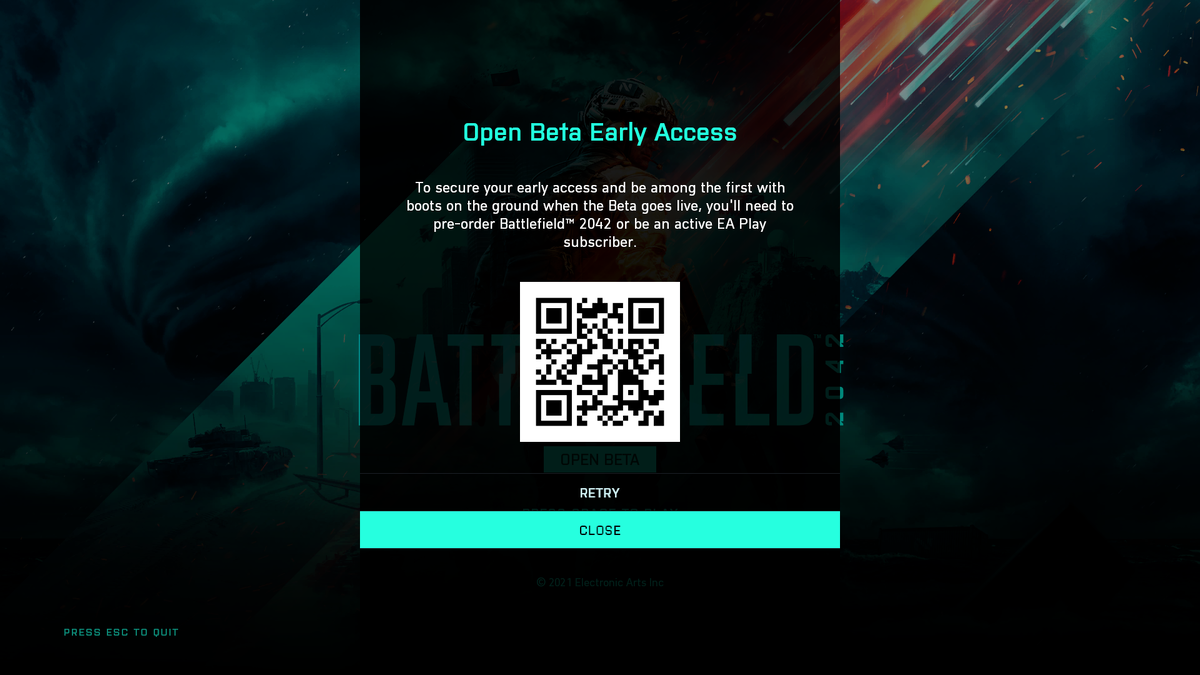 Скриншот с QR-кодом на старте теста Battlefield 2042