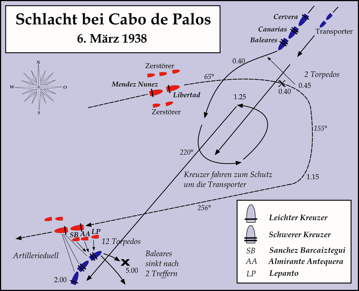 Fig. 3. 1938.03.06 Battle Kap Palos Map - heavy cruiser «Baleares» & heavy cruiser «Canarias» sinking.