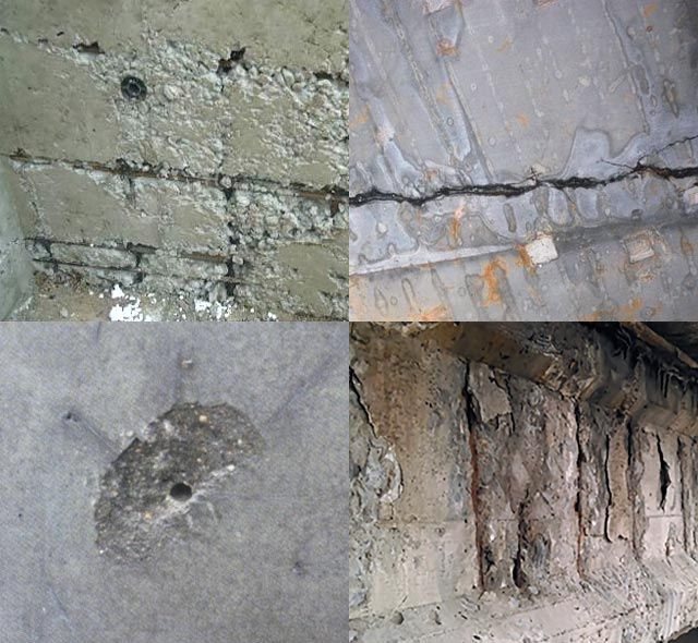 Разрушение арматуры. Электрокоррозия бетона. Защитный слой в бетоне 20 мм. Коррозия выщелачивания бетона. Раковины дефект бетонирования.