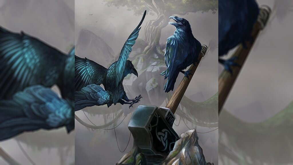 Хугин и Мунин с молотом Тора — Мьёльниром