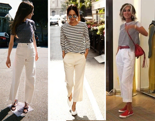Белые брюки в сочетании с тельняшкой