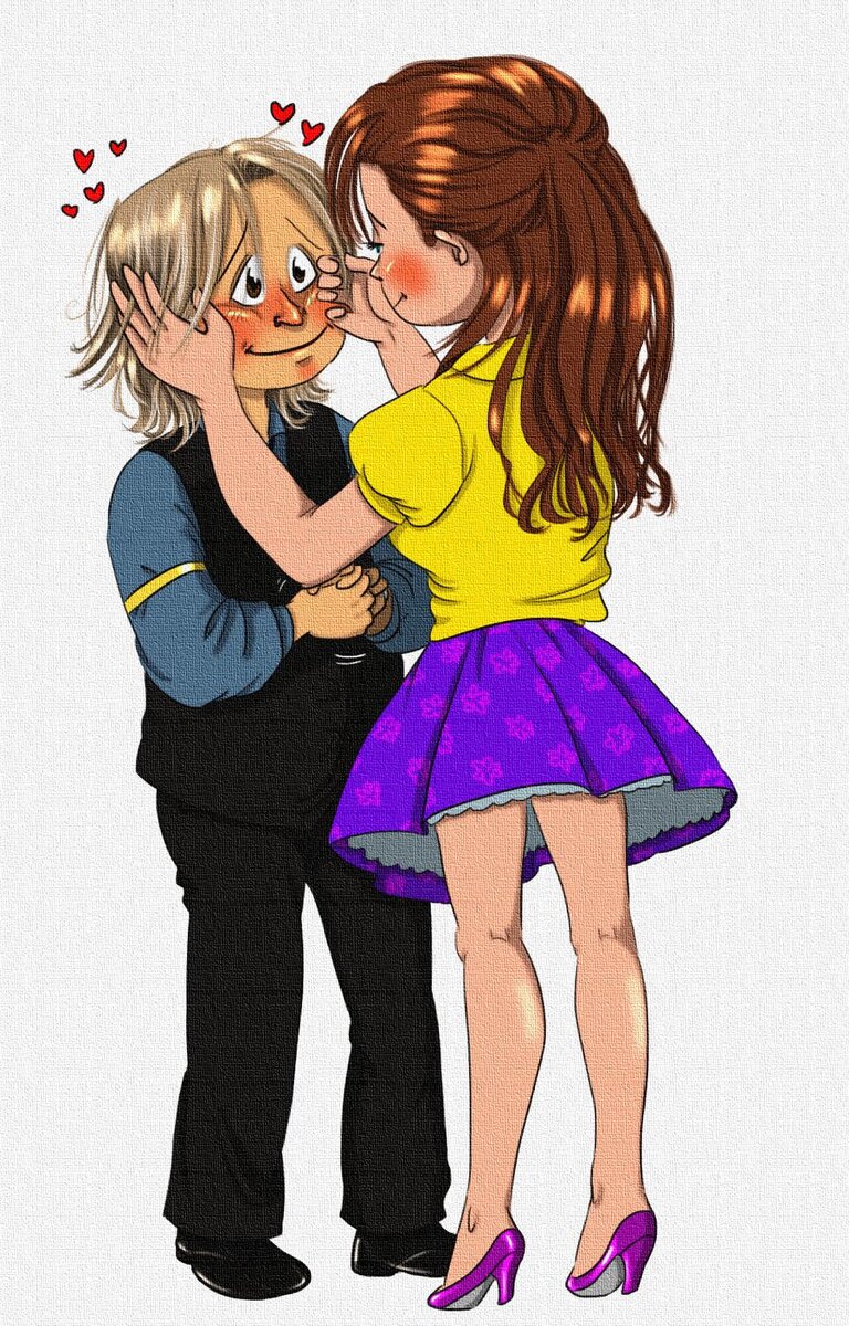 В артах retrogrlfan с "poor baby Rumple" Румпельштильцхен всегда меньше Белль ростом, и хотя такой расклад  и не соответствует реальным параметрам актёров. И судя по популярности серии с "карманным Румпелем", чем более беспомощный вид у персонажа, тем больше лайков набирает картинка.