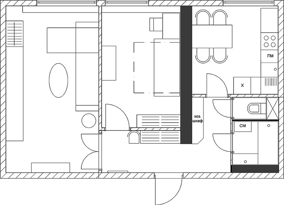Может, теперь узнали свою "двушечку"? Здесь точно нельзя ломать стену между кухней и маленькой комнатой...