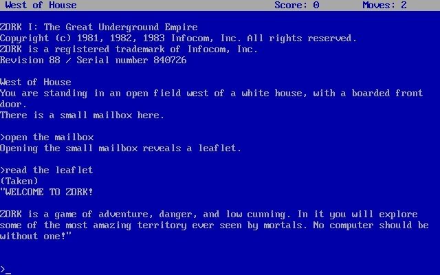 Ранние приключенческие игры, такие, как например "Zork" 1980 года выпуска, были чисто текстовыми.