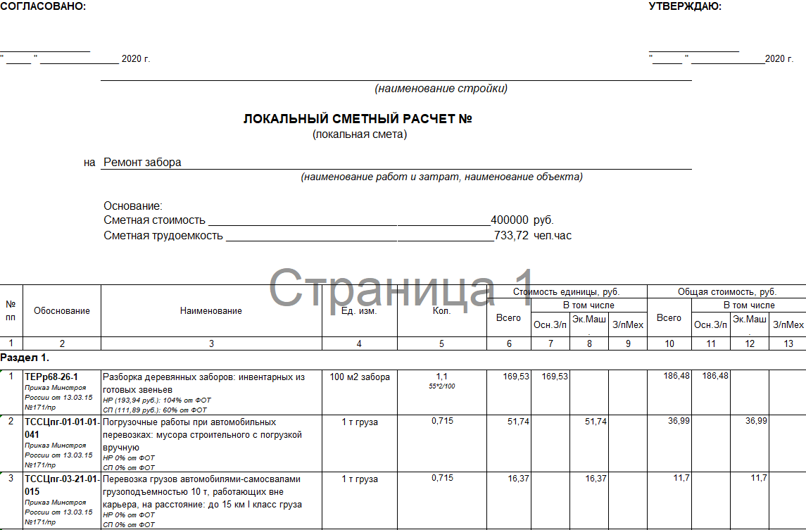 Сводка затрат 421 пр образец