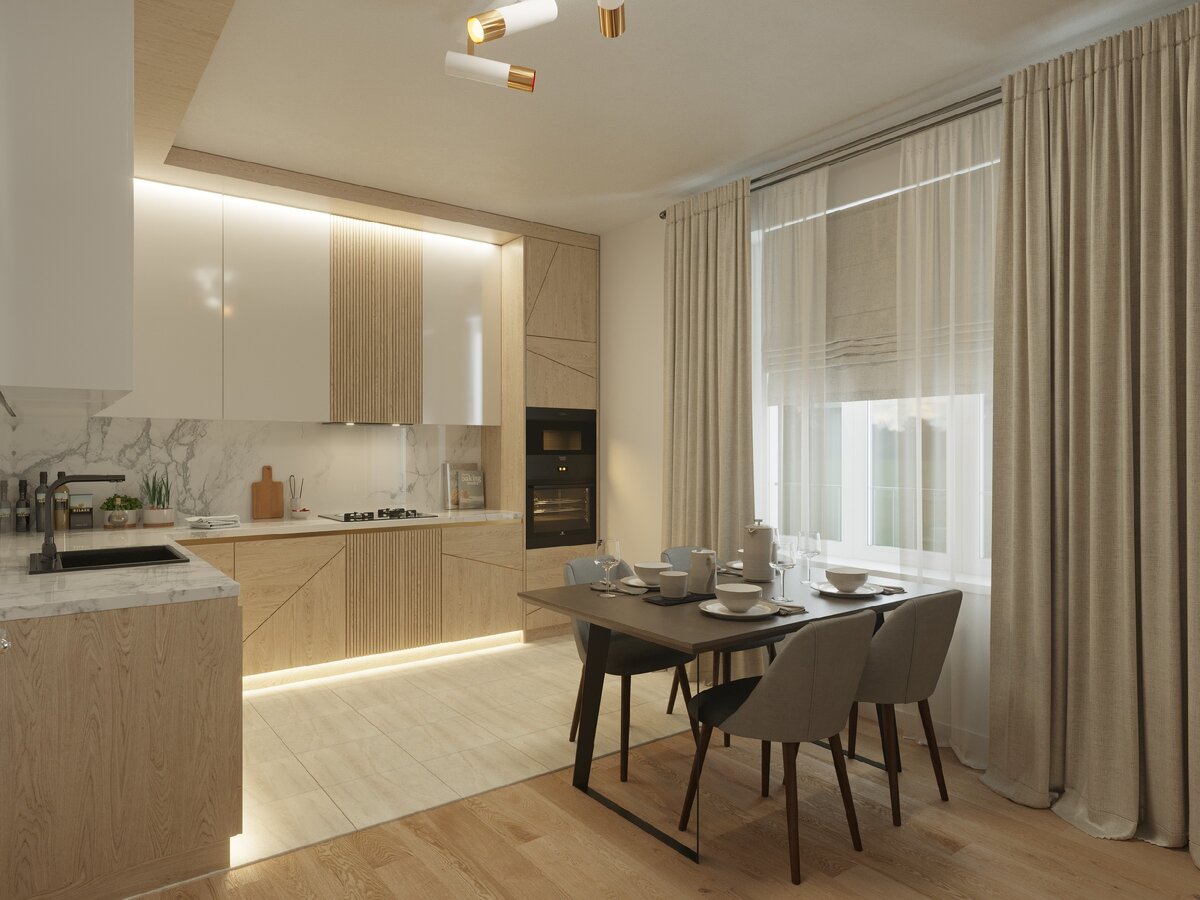Вариант обстановки кухни в светлой отделке в жилом комплексе «Авиатика»