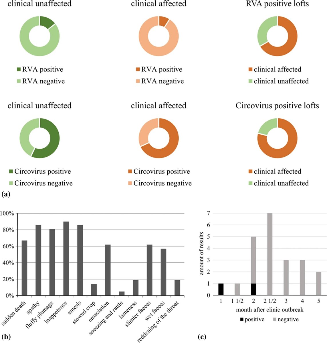 Иллюстрация из статьи. Возникновение клинических признаков и выявление вирусов в разных стаях . а) Распределение результатов ротавируса или цирковируса среди пораженных или незараженных стай и клинические наблюдения в положительных тестируемых группах. b) Клинические симптомы, указанные в анкете. (c) Корреляция между результатами исследования на ротавирус и временем между клинической вспышкой и датой сбора образцов. 