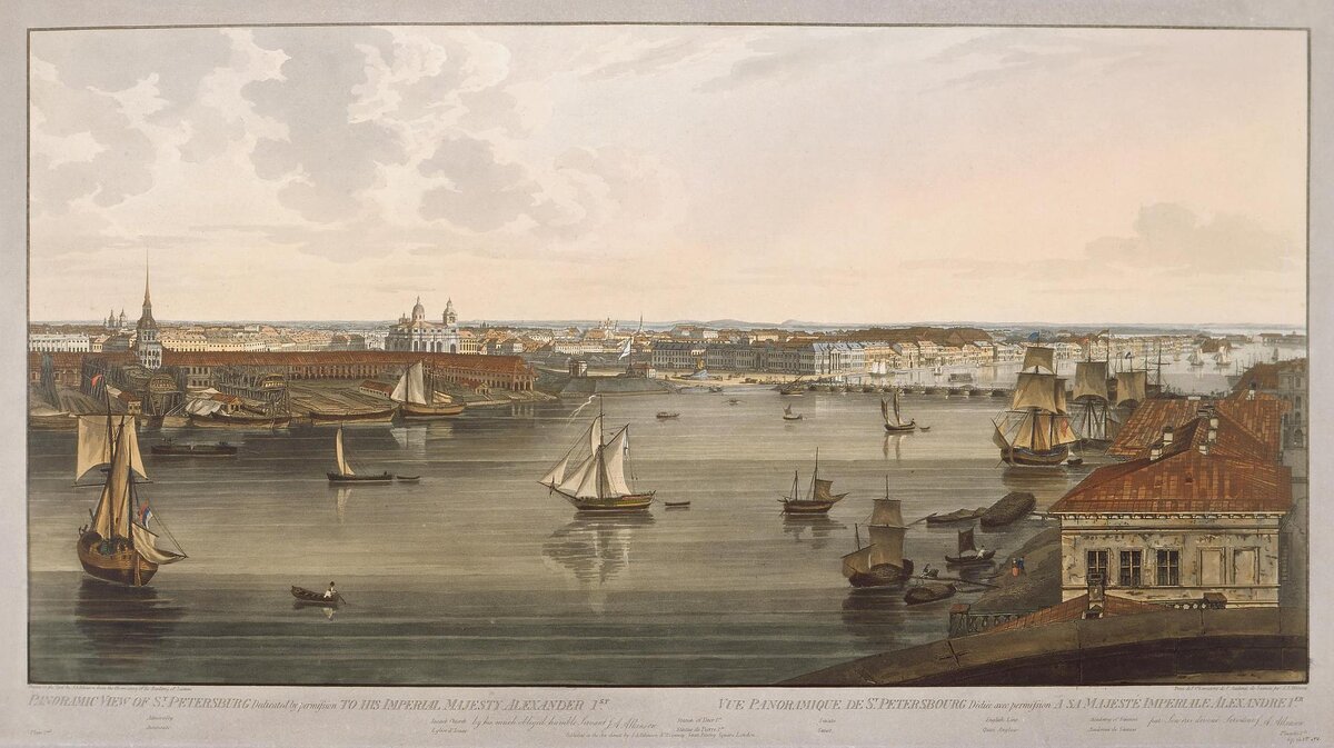 Джон Огастес Аткинсон. Лист 2. Адмиралтейство. Исаакиевская церковь. Статуя Петра I. Сенат. Английская набережная. Академия наук. 1802-1805. Эрмитаж (Петербург) 
