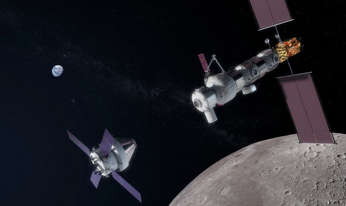 Лунная орбитальная платформа и прибывающий корабль "Орион" в представлении художника. Автор: NASA. Источник изображение: upload.wikimedia.org